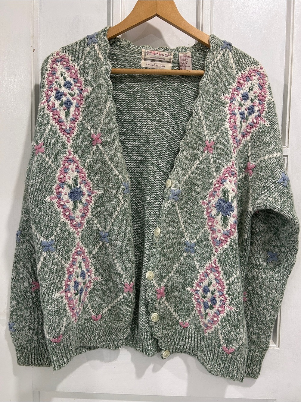 Vintage Ashley Hand Knitted Sage Green Floral Diamond Pattern Cardigan Sweater L